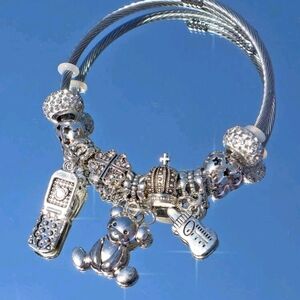 Silver Charm Bracelet with Teddy Bear and Crown
